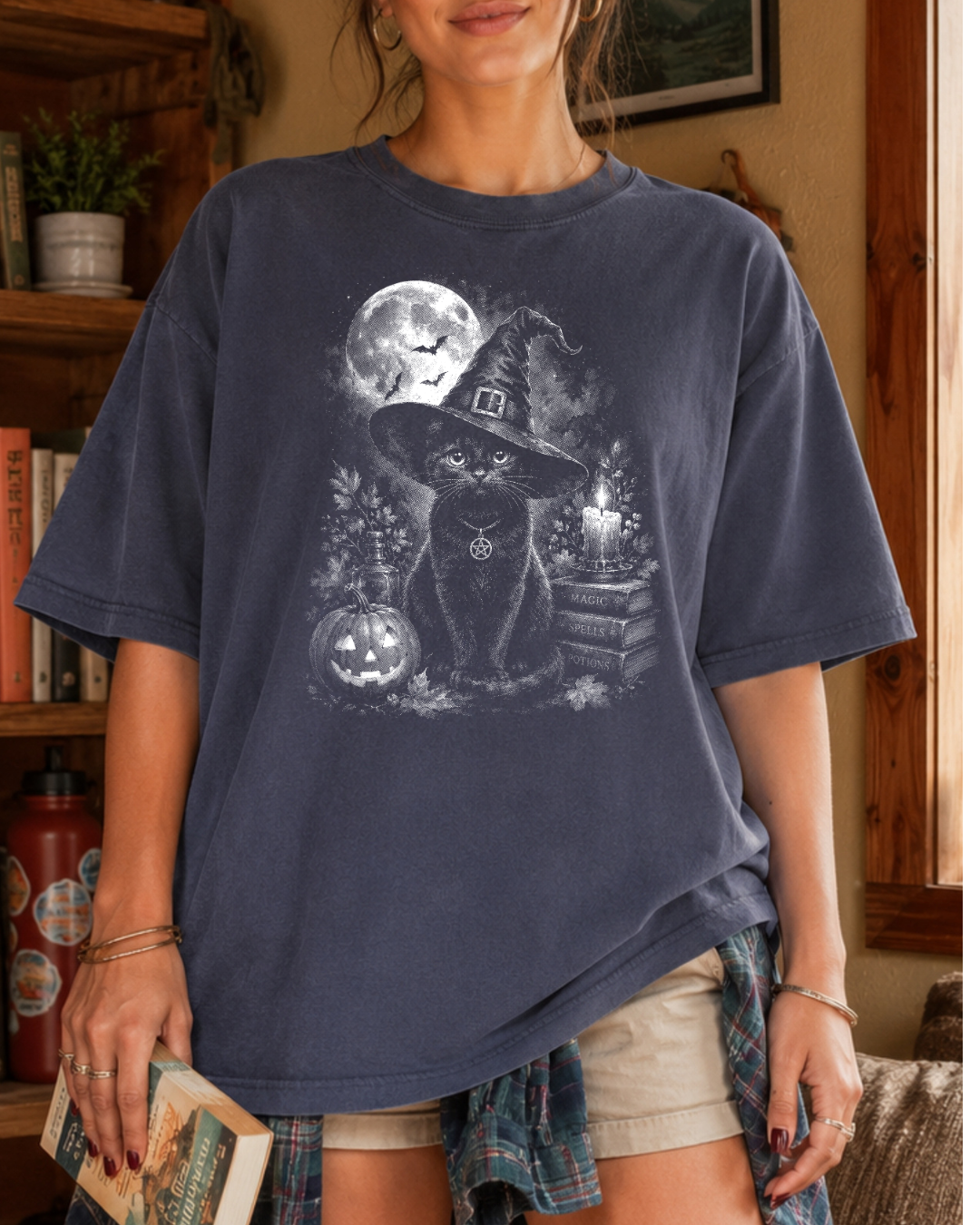 Witch Cat Moonlit Spooky Pumpkin Tee